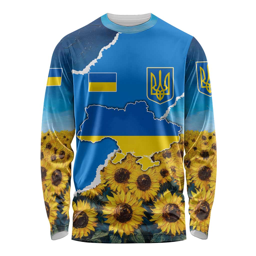 Ukraine Pride Long Sleeve Shirt Map, Flag & Tryzub with Sunflower Field Patriotic