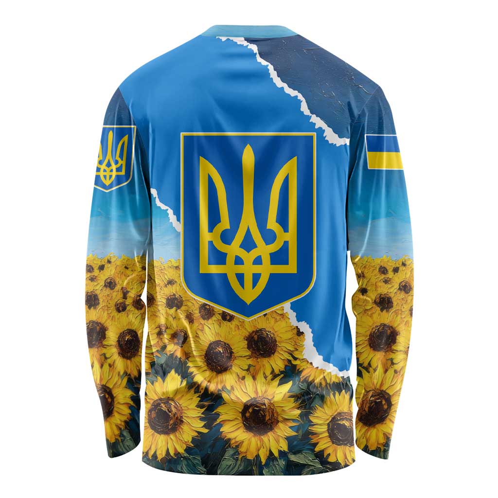 Ukraine Pride Long Sleeve Shirt Map, Flag & Tryzub with Sunflower Field Patriotic