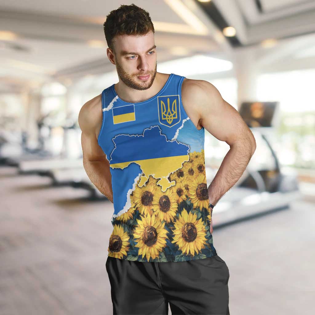 Ukraine Pride Men Tank Top Map, Flag & Tryzub with Sunflower Field Patriotic