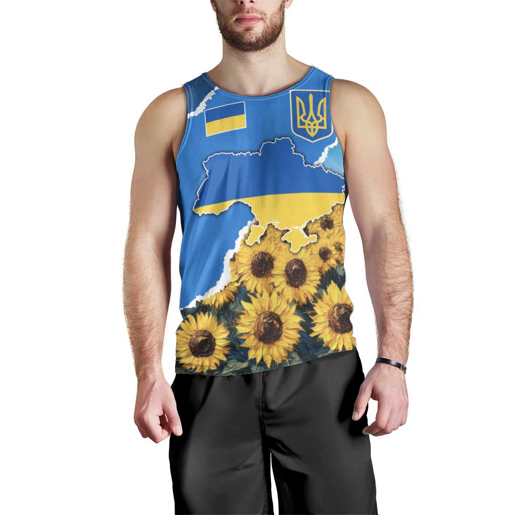 Ukraine Pride Men Tank Top Map, Flag & Tryzub with Sunflower Field Patriotic