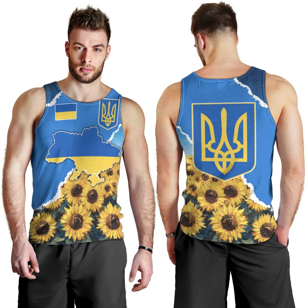 Ukraine Pride Men Tank Top Map, Flag & Tryzub with Sunflower Field Patriotic