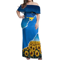Ukraine Pride Off Shoulder Maxi Dress Map, Flag & Tryzub with Sunflower Field Patriotic