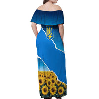 Ukraine Pride Off Shoulder Maxi Dress Map, Flag & Tryzub with Sunflower Field Patriotic