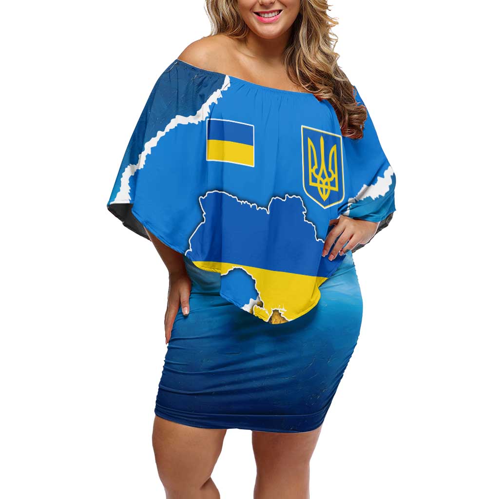 Ukraine Pride Off Shoulder Short Dress Map, Flag & Tryzub with Sunflower Field Patriotic