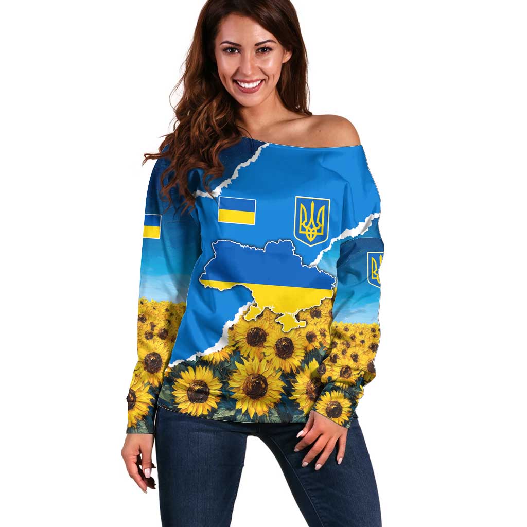Ukraine Pride Off Shoulder Sweater Map, Flag & Tryzub with Sunflower Field Patriotic