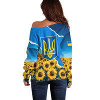 Ukraine Pride Off Shoulder Sweater Map, Flag & Tryzub with Sunflower Field Patriotic
