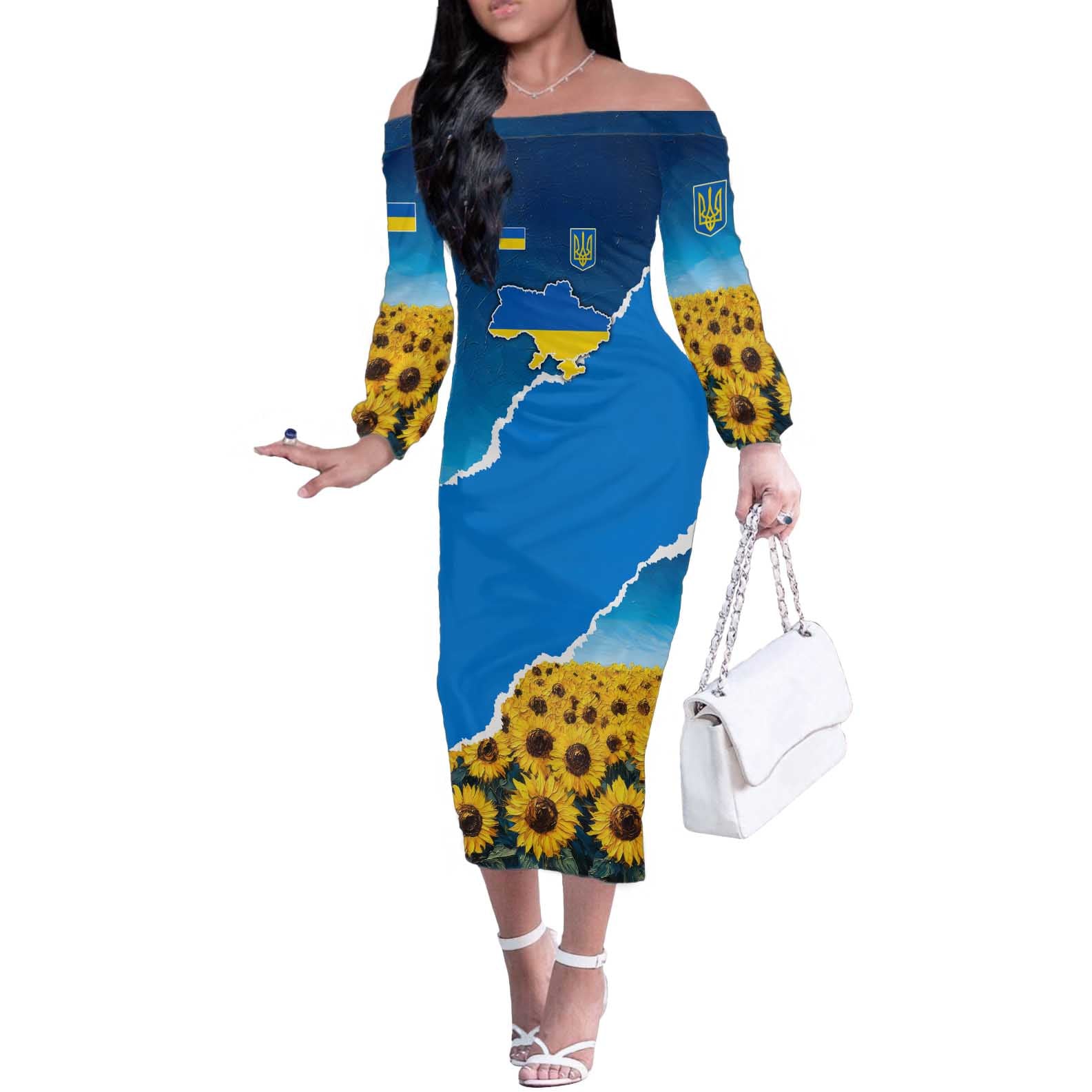 Ukraine Pride Off The Shoulder Long Sleeve Dress Map, Flag & Tryzub with Sunflower Field Patriotic