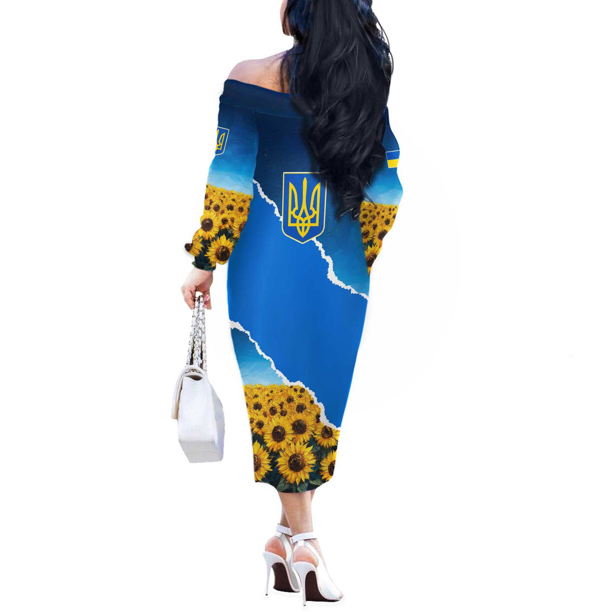 Ukraine Pride Off The Shoulder Long Sleeve Dress Map, Flag & Tryzub with Sunflower Field Patriotic