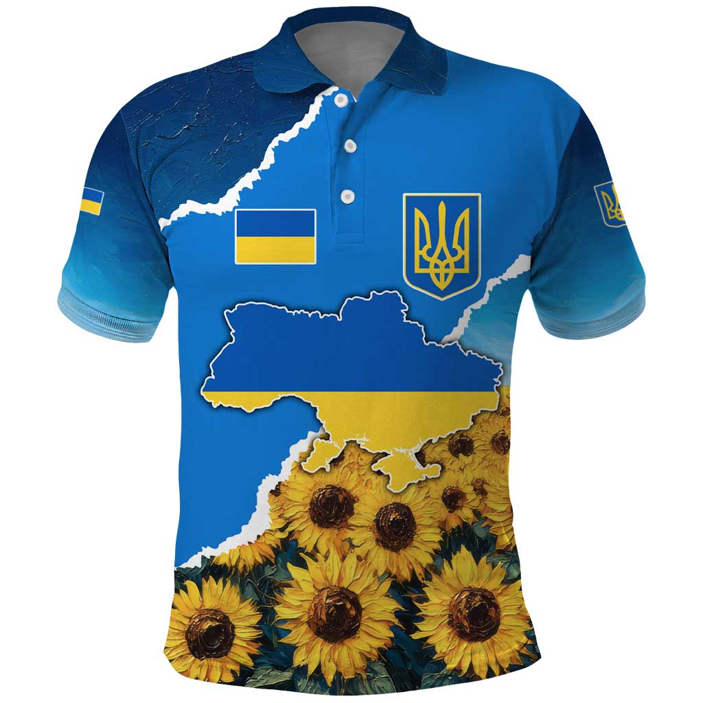Ukraine Pride Polo Shirt Map, Flag & Tryzub with Sunflower Field Patriotic