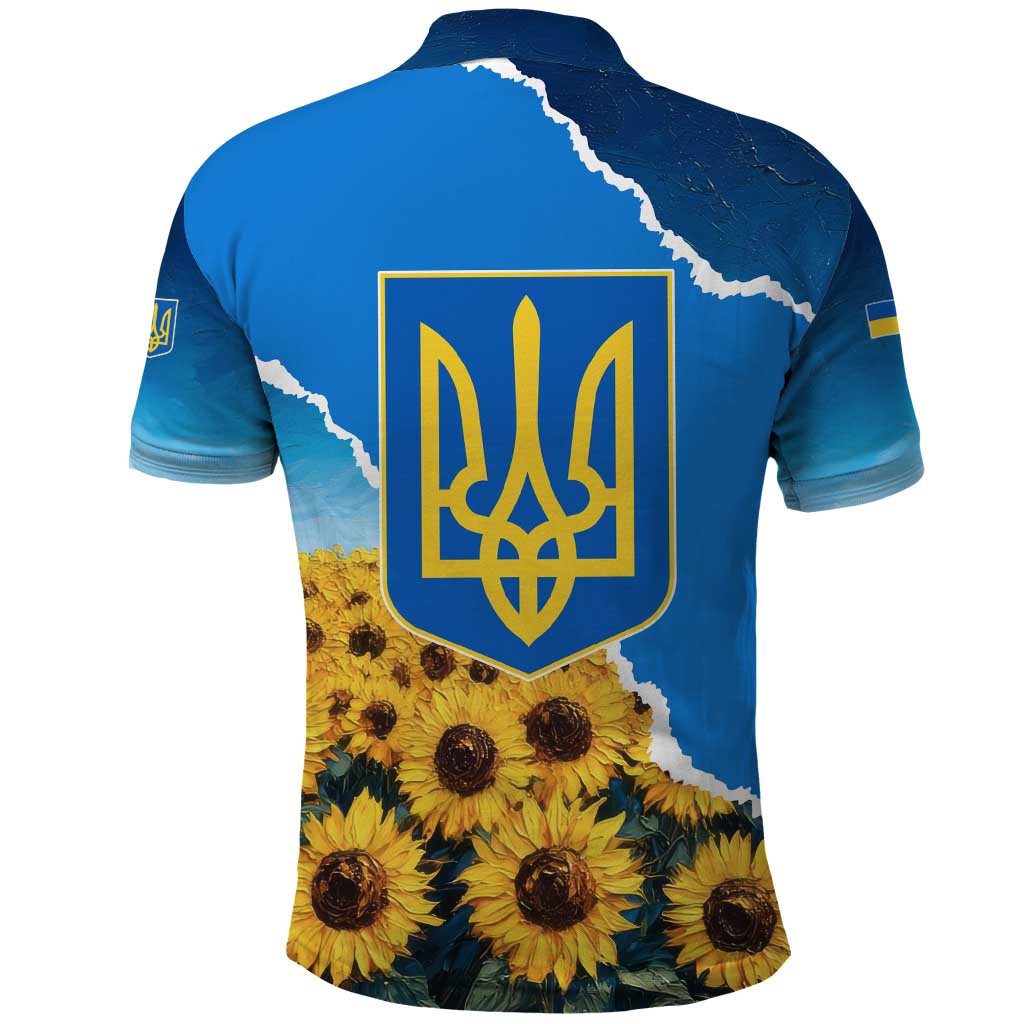 Ukraine Pride Polo Shirt Map, Flag & Tryzub with Sunflower Field Patriotic