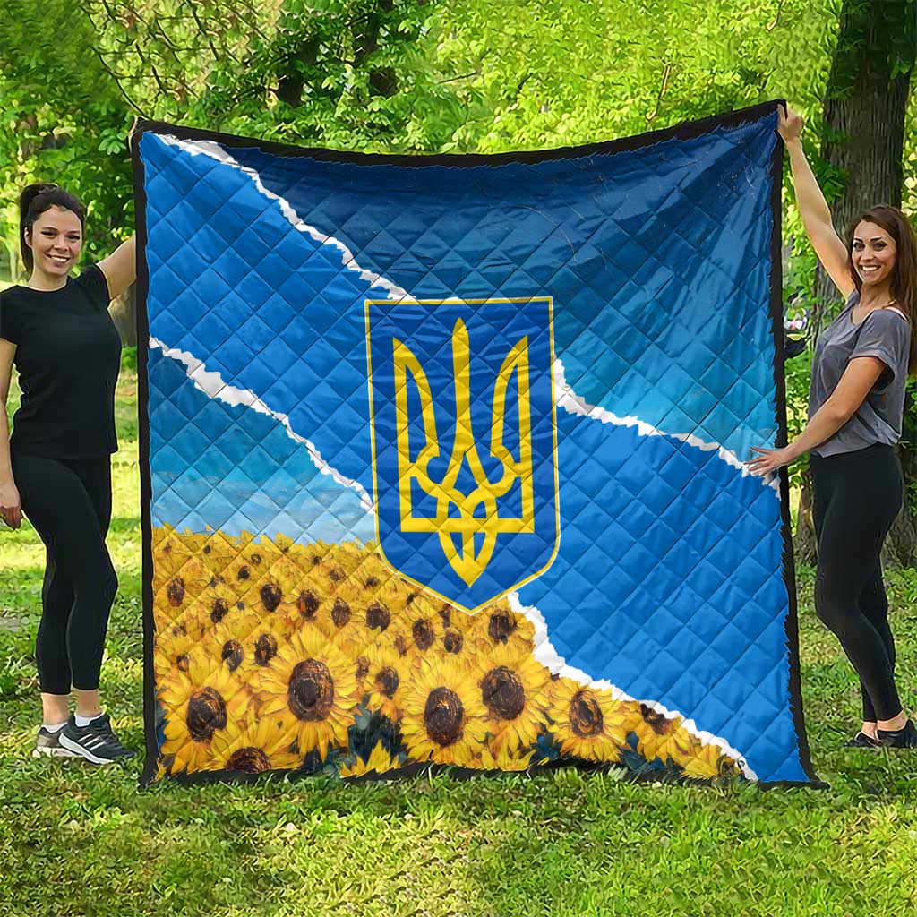 Ukraine Pride Quilt Map, Flag & Tryzub with Sunflower Field Patriotic