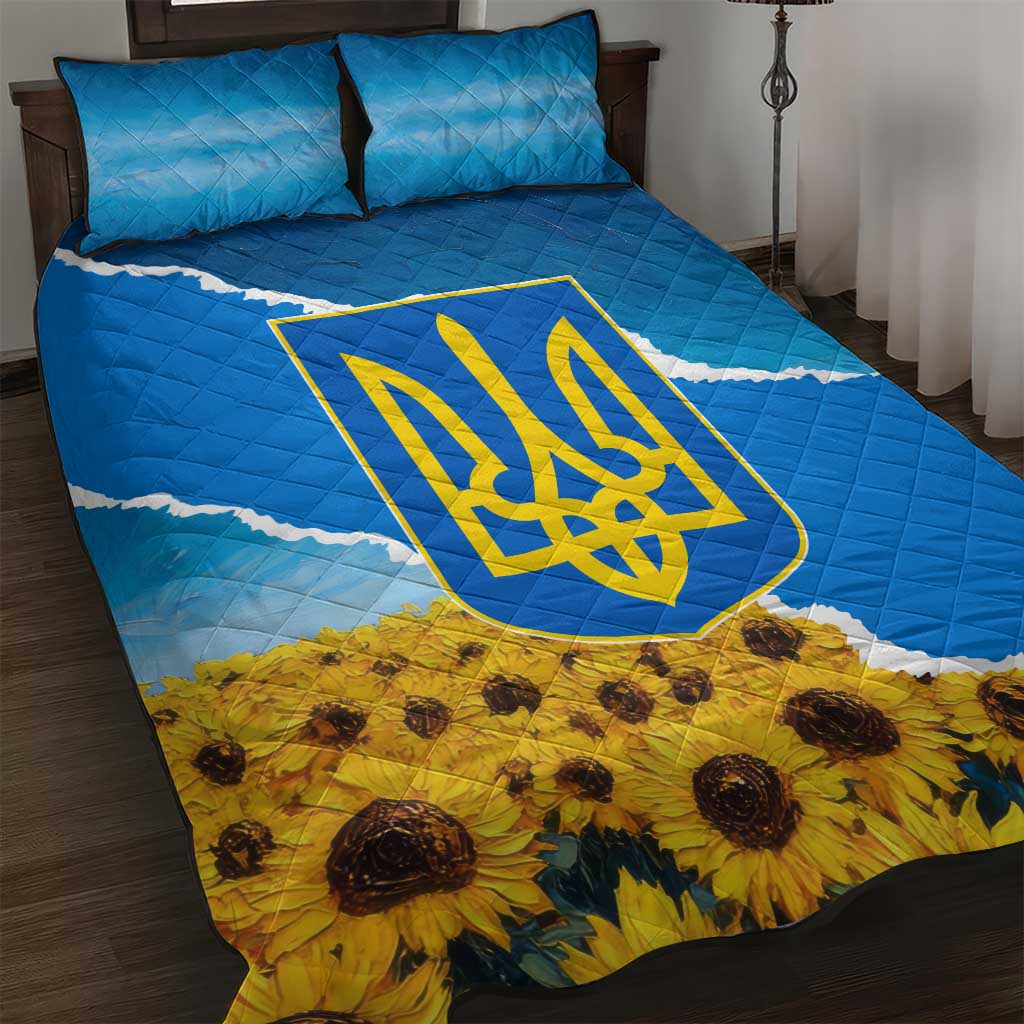 Ukraine Pride Quilt Bed Set Map, Flag & Tryzub with Sunflower Field Patriotic