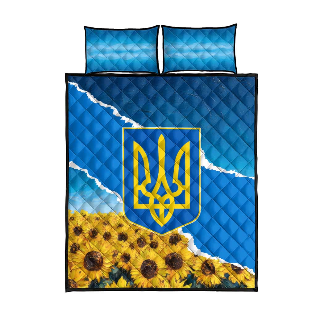 Ukraine Pride Quilt Bed Set Map, Flag & Tryzub with Sunflower Field Patriotic