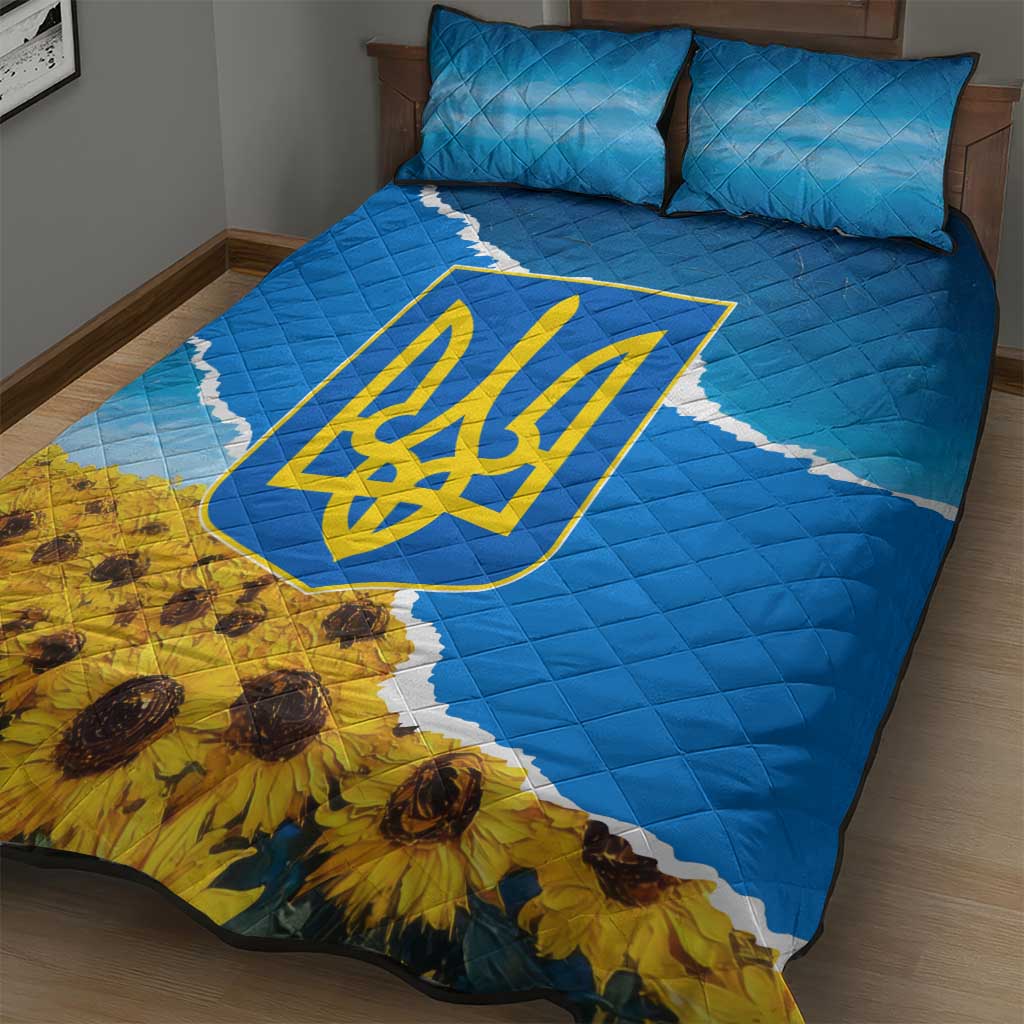 Ukraine Pride Quilt Bed Set Map, Flag & Tryzub with Sunflower Field Patriotic