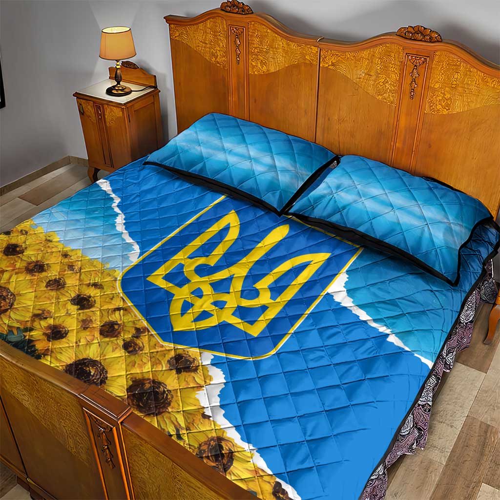 Ukraine Pride Quilt Bed Set Map, Flag & Tryzub with Sunflower Field Patriotic
