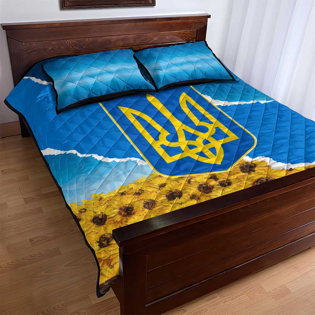 Ukraine Pride Quilt Bed Set Map, Flag & Tryzub with Sunflower Field Patriotic