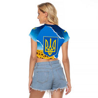 Ukraine Pride Raglan Cropped T Shirt Map, Flag & Tryzub with Sunflower Field Patriotic