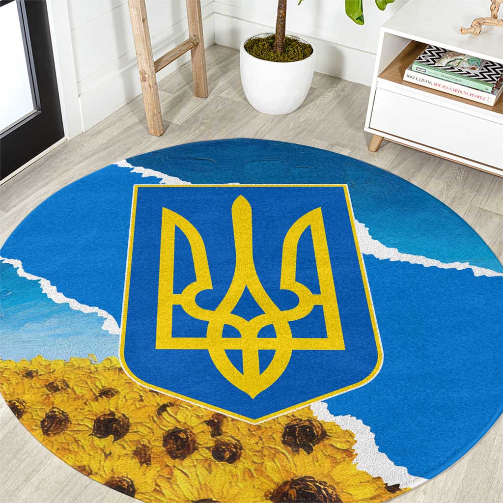 Ukraine Pride Round Carpet Map, Flag & Tryzub with Sunflower Field Patriotic