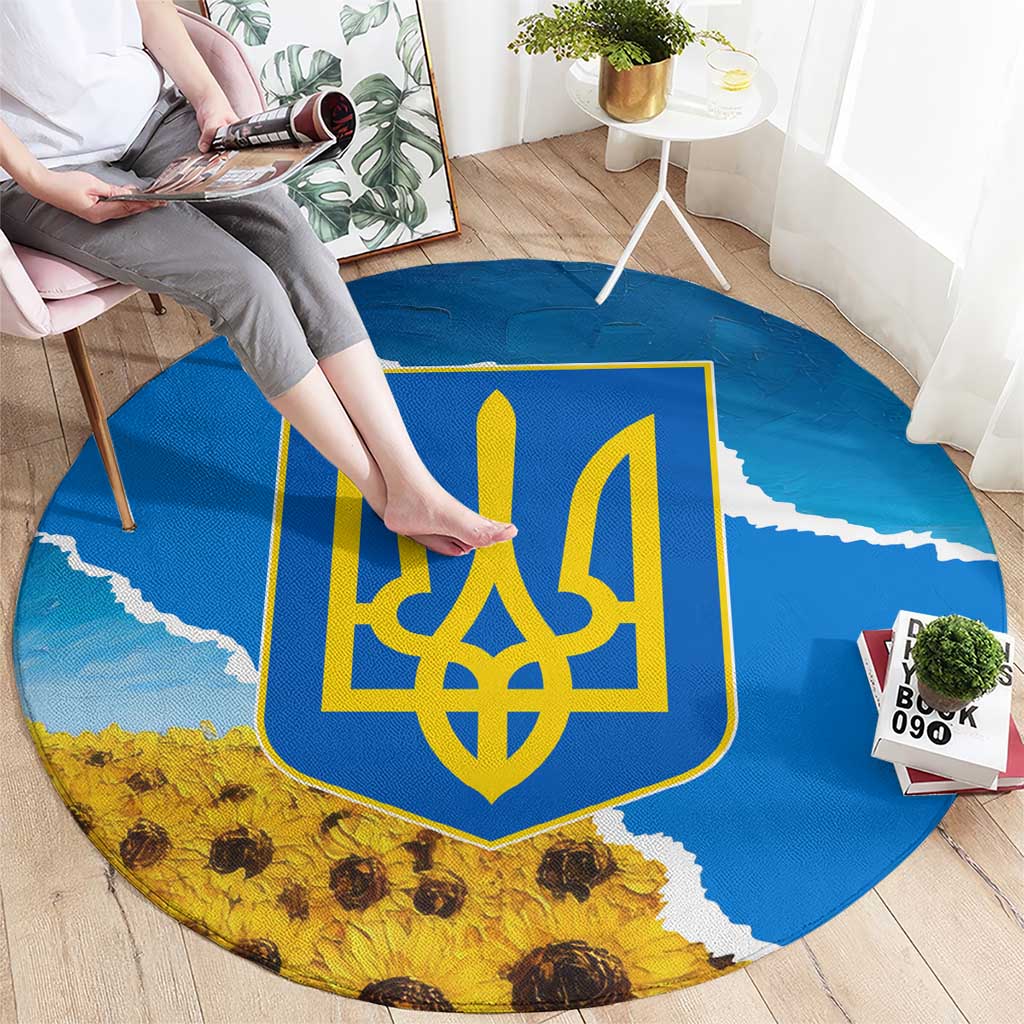 Ukraine Pride Round Carpet Map, Flag & Tryzub with Sunflower Field Patriotic