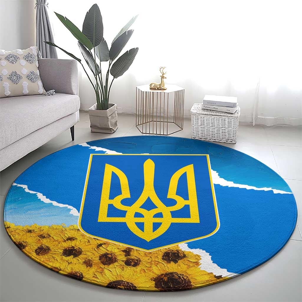 Ukraine Pride Round Carpet Map, Flag & Tryzub with Sunflower Field Patriotic