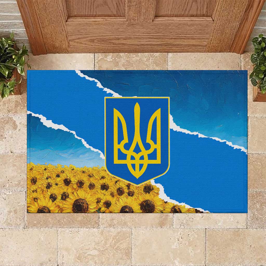 Ukraine Pride Rubber Doormat Map, Flag & Tryzub with Sunflower Field Patriotic