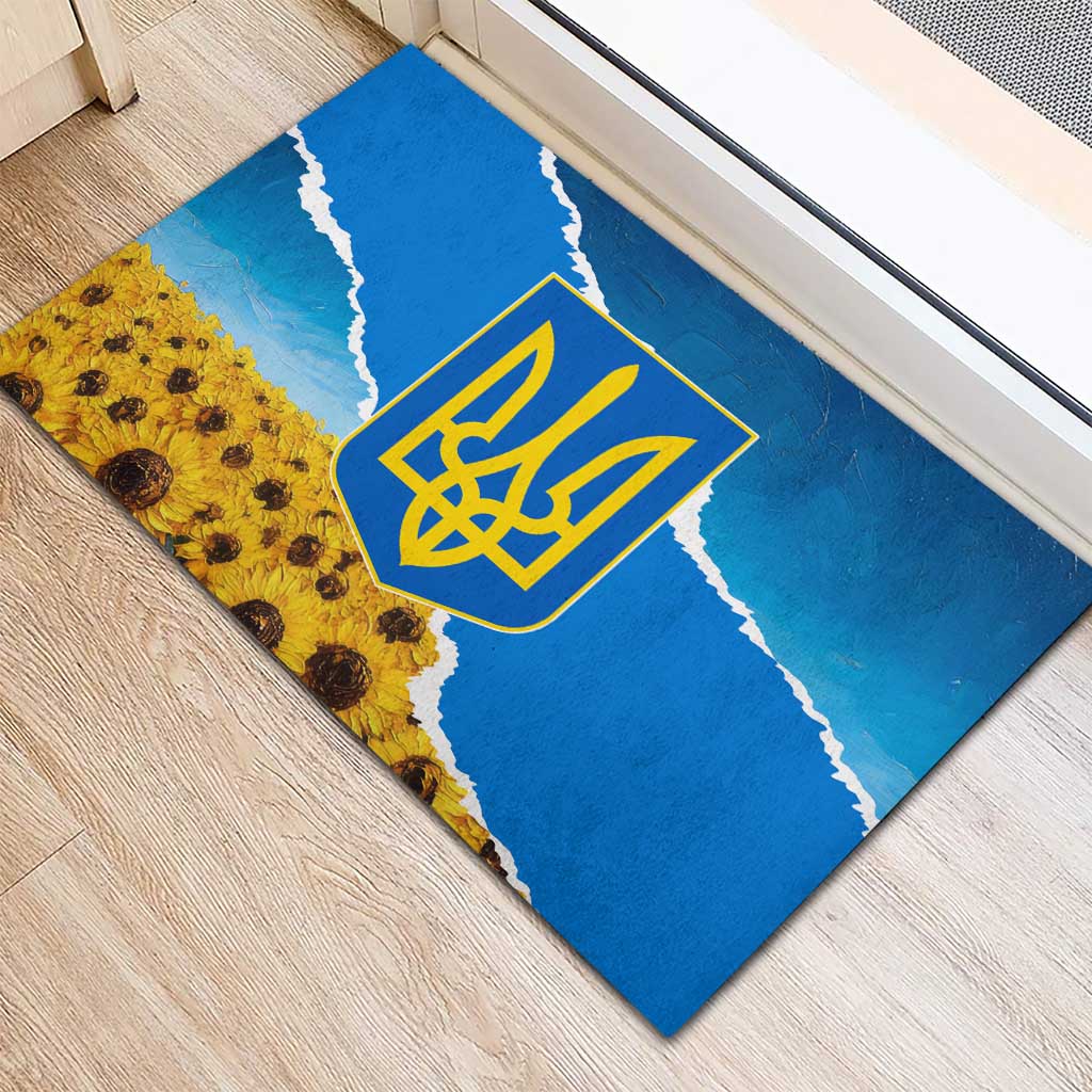 Ukraine Pride Rubber Doormat Map, Flag & Tryzub with Sunflower Field Patriotic