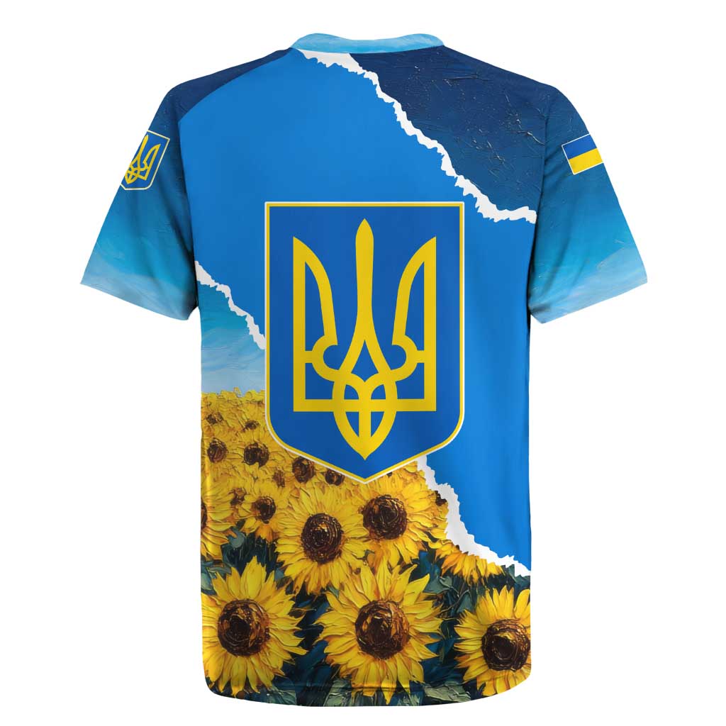 Ukraine Pride Rugby Jersey Map, Flag & Tryzub with Sunflower Field Patriotic