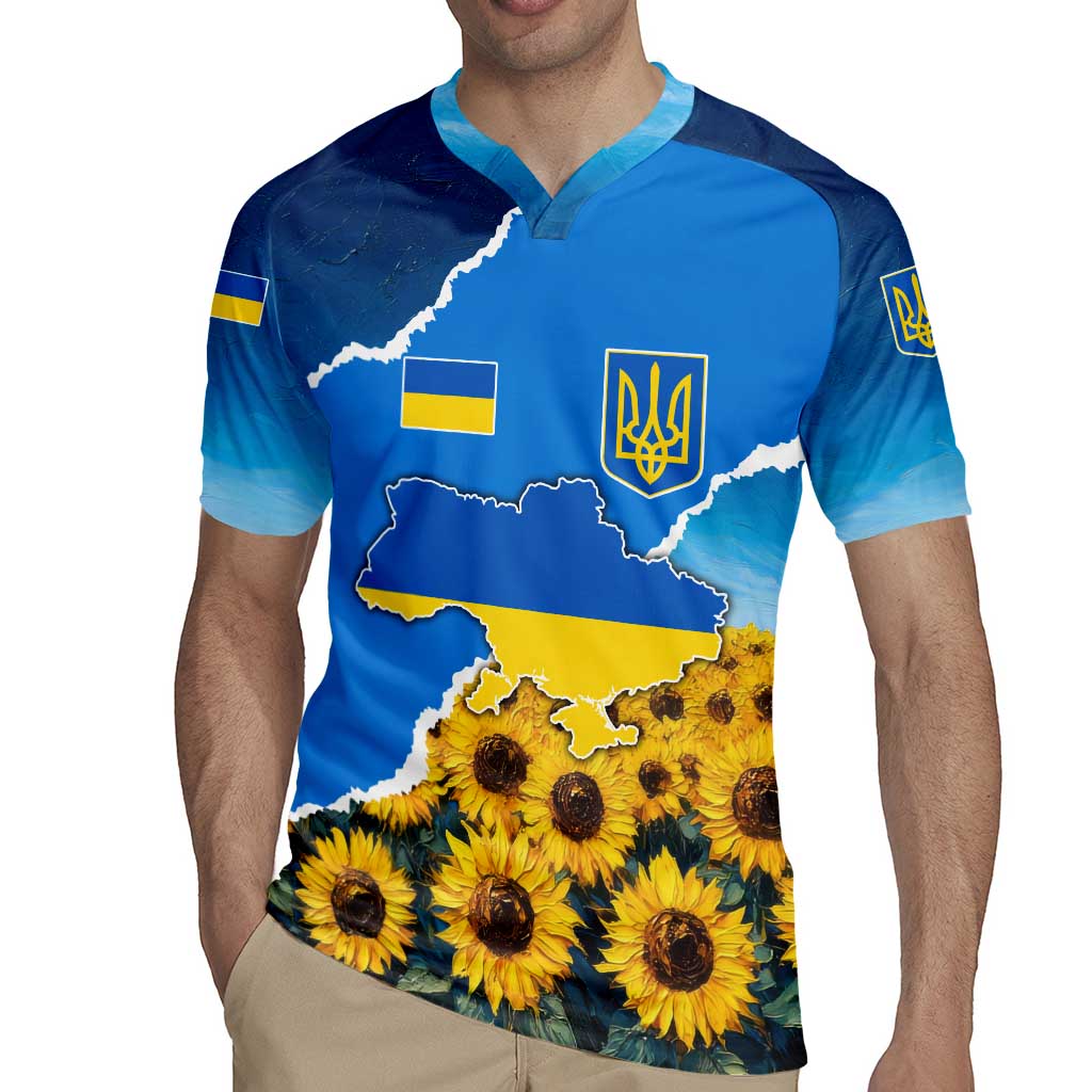 Ukraine Pride Rugby Jersey Map, Flag & Tryzub with Sunflower Field Patriotic