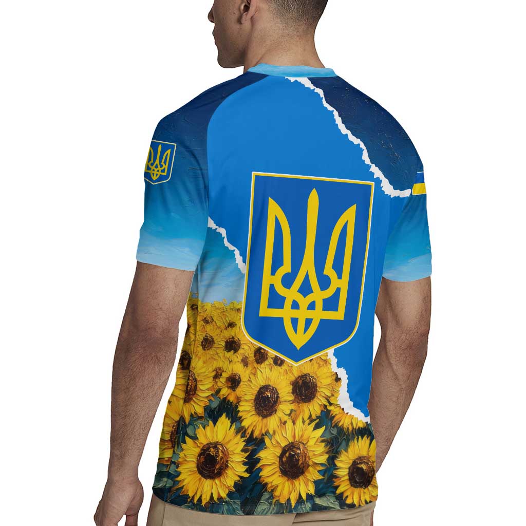 Ukraine Pride Rugby Jersey Map, Flag & Tryzub with Sunflower Field Patriotic