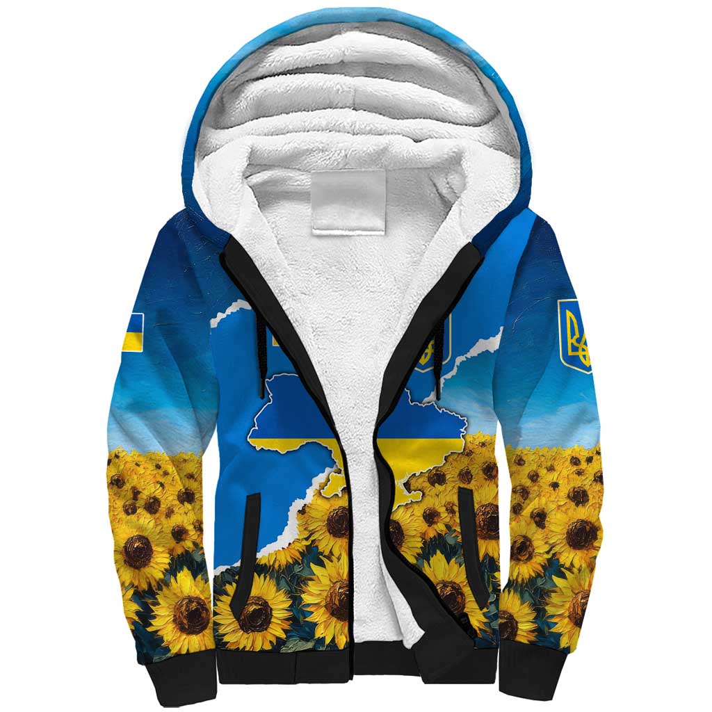 Ukraine Pride Sherpa Hoodie Map, Flag & Tryzub with Sunflower Field Patriotic