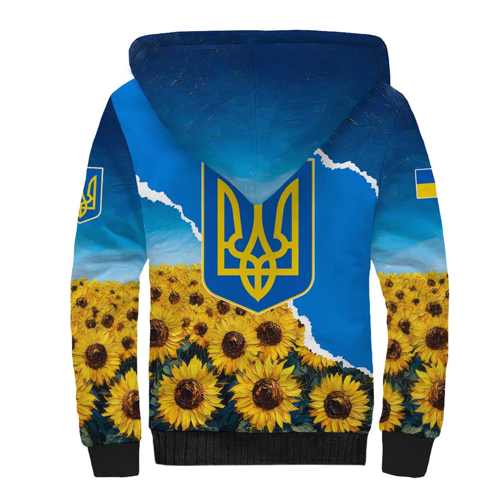 Ukraine Pride Sherpa Hoodie Map, Flag & Tryzub with Sunflower Field Patriotic