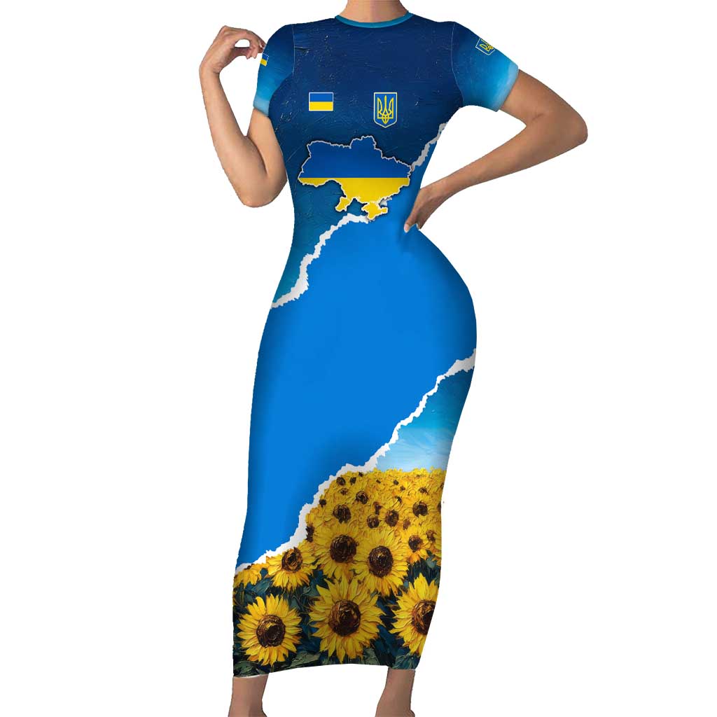 Ukraine Pride Short Sleeve Bodycon Dress Map, Flag & Tryzub with Sunflower Field Patriotic