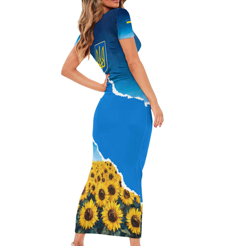 Ukraine Pride Short Sleeve Bodycon Dress Map, Flag & Tryzub with Sunflower Field Patriotic