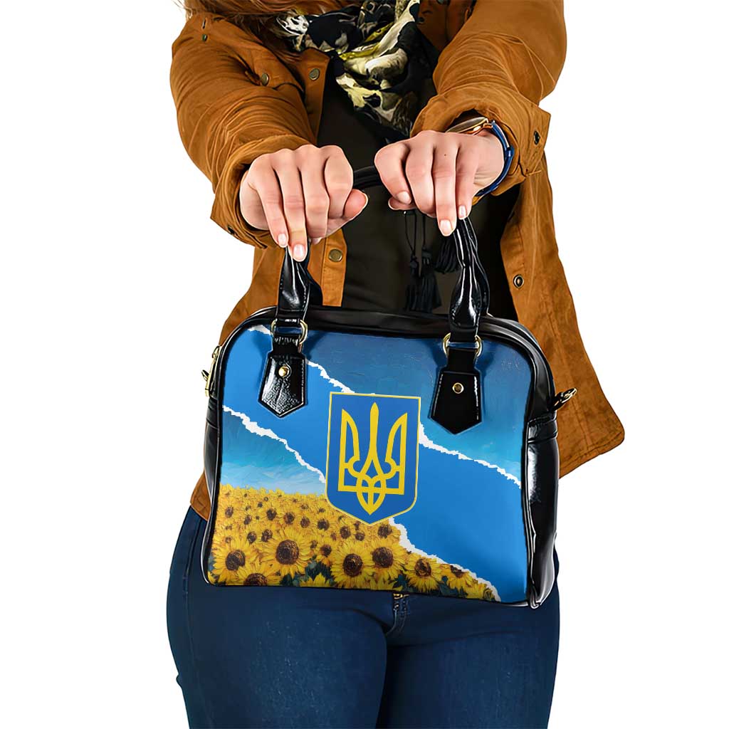 Ukraine Pride Shoulder Handbag Map, Flag & Tryzub with Sunflower Field Patriotic