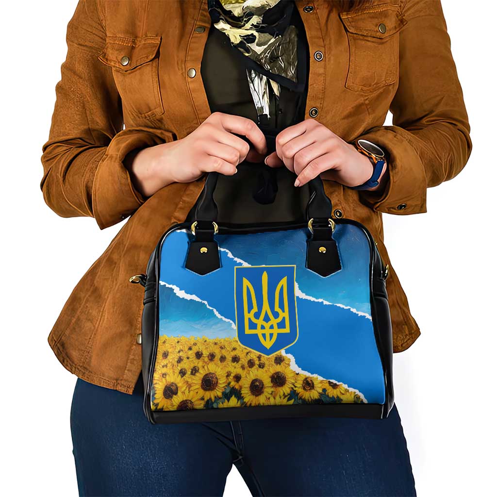 Ukraine Pride Shoulder Handbag Map, Flag & Tryzub with Sunflower Field Patriotic