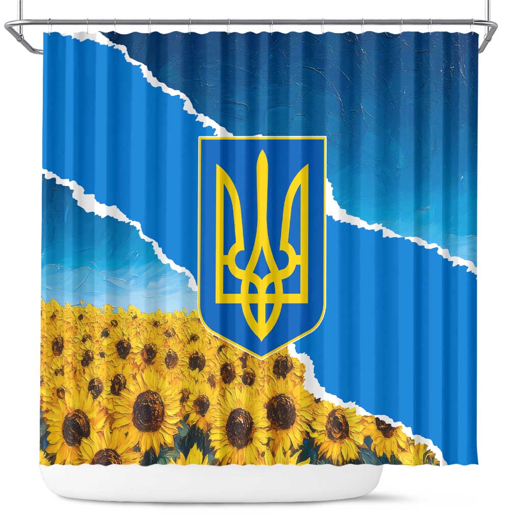 Ukraine Pride Shower Curtain Map, Flag & Tryzub with Sunflower Field Patriotic