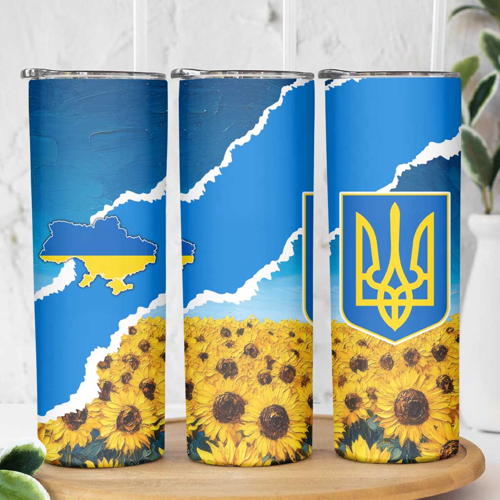 Ukraine Pride Skinny Tumbler Map, Flag & Tryzub with Sunflower Field Patriotic