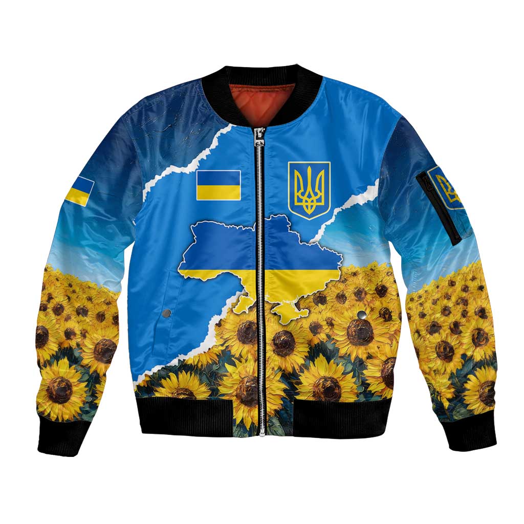 Ukraine Pride Sleeve Zip Bomber Jacket Map, Flag & Tryzub with Sunflower Field Patriotic