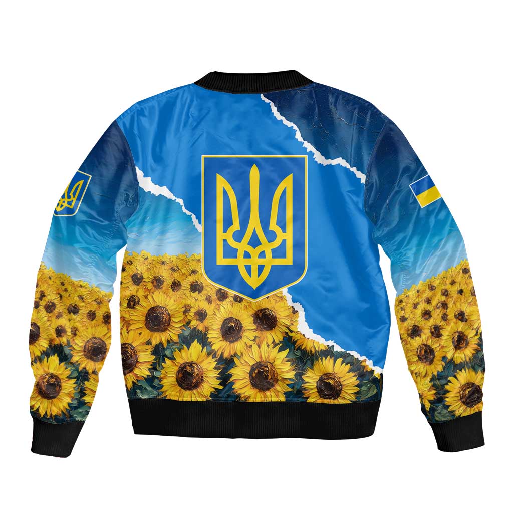 Ukraine Pride Sleeve Zip Bomber Jacket Map, Flag & Tryzub with Sunflower Field Patriotic