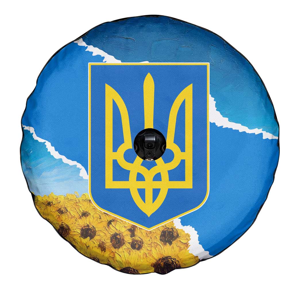 Ukraine Pride Spare Tire Cover Map, Flag & Tryzub with Sunflower Field Patriotic
