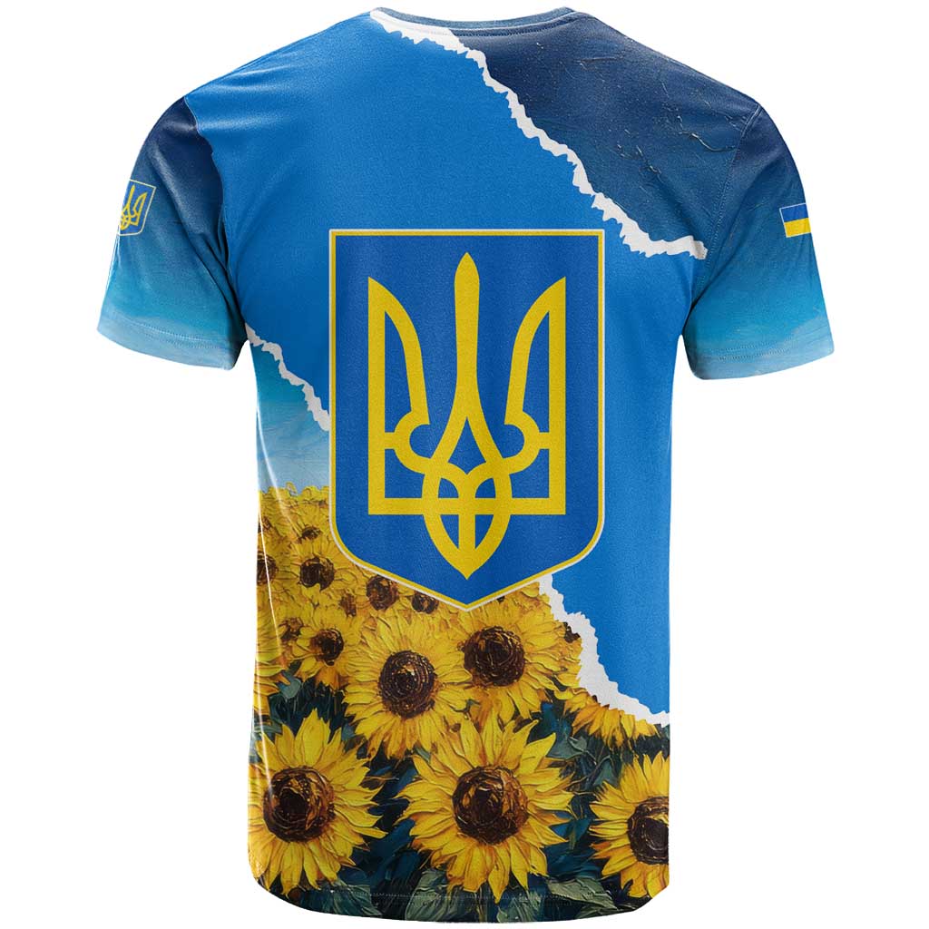 Ukraine Pride T Shirt Map, Flag & Tryzub with Sunflower Field Patriotic