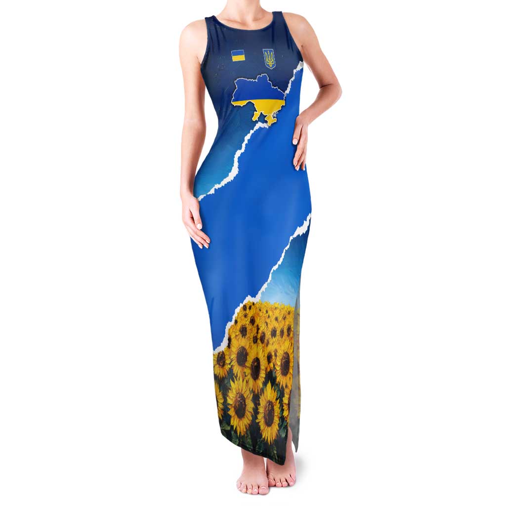 Ukraine Pride Tank Maxi Dress Map, Flag & Tryzub with Sunflower Field Patriotic
