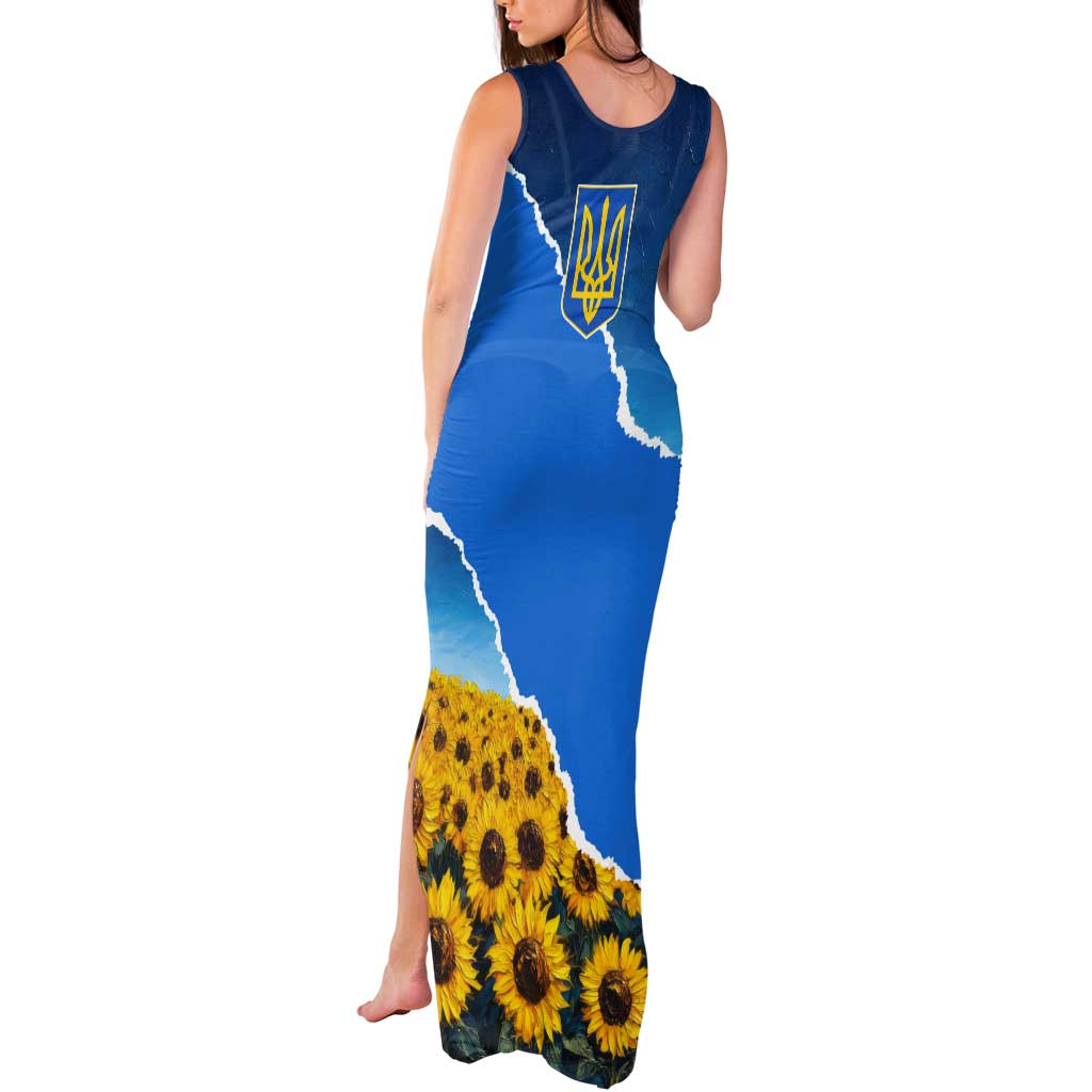 Ukraine Pride Tank Maxi Dress Map, Flag & Tryzub with Sunflower Field Patriotic