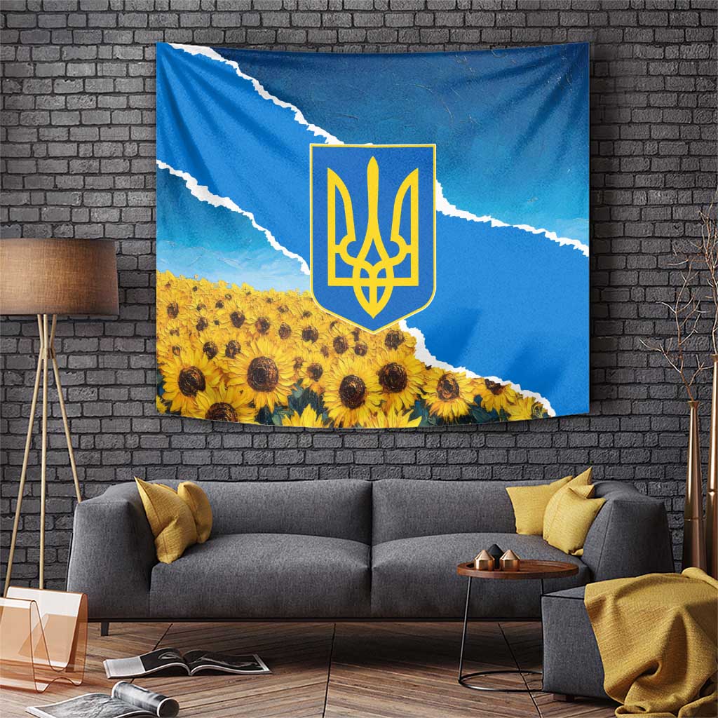 Ukraine Pride Tapestry Map, Flag & Tryzub with Sunflower Field Patriotic