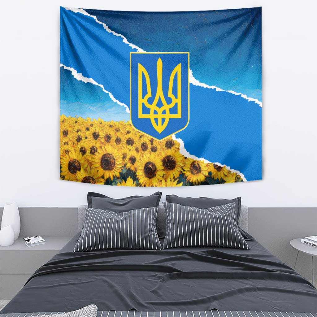 Ukraine Pride Tapestry Map, Flag & Tryzub with Sunflower Field Patriotic