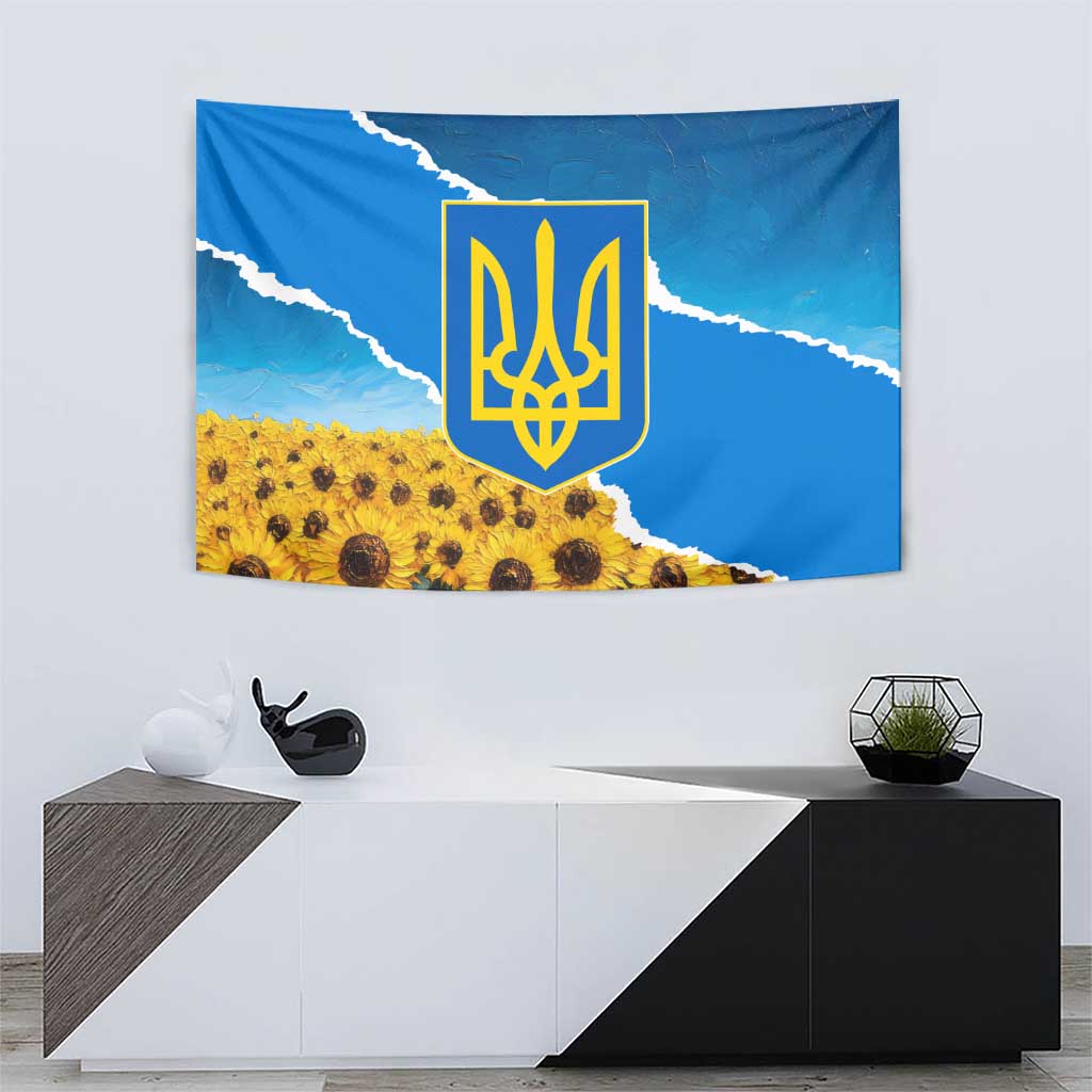 Ukraine Pride Tapestry Map, Flag & Tryzub with Sunflower Field Patriotic