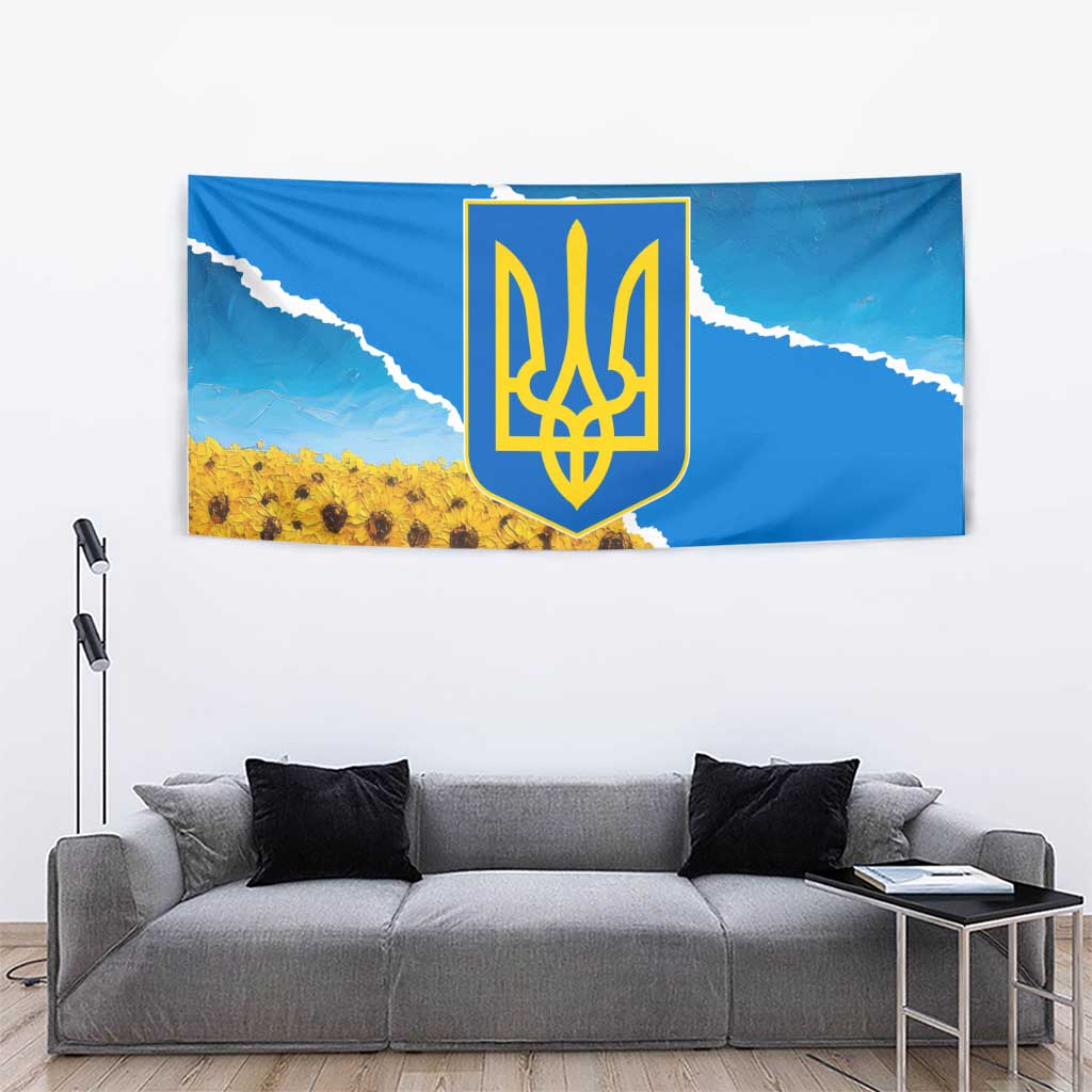 Ukraine Pride Tapestry Map, Flag & Tryzub with Sunflower Field Patriotic