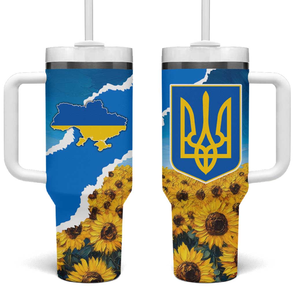 Ukraine Pride Tumbler With Handle Map, Flag & Tryzub with Sunflower Field Patriotic