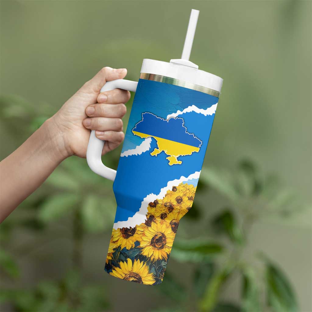 Ukraine Pride Tumbler With Handle Map, Flag & Tryzub with Sunflower Field Patriotic