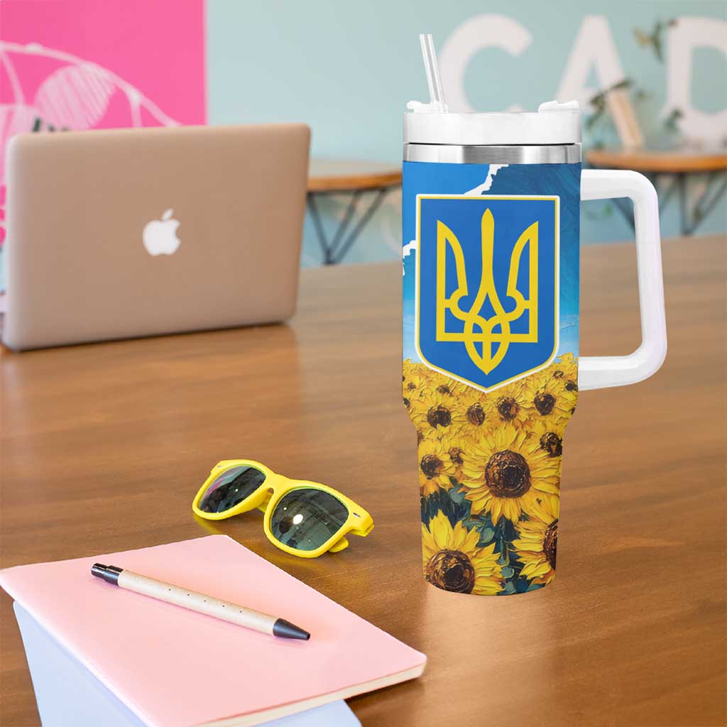 Ukraine Pride Tumbler With Handle Map, Flag & Tryzub with Sunflower Field Patriotic